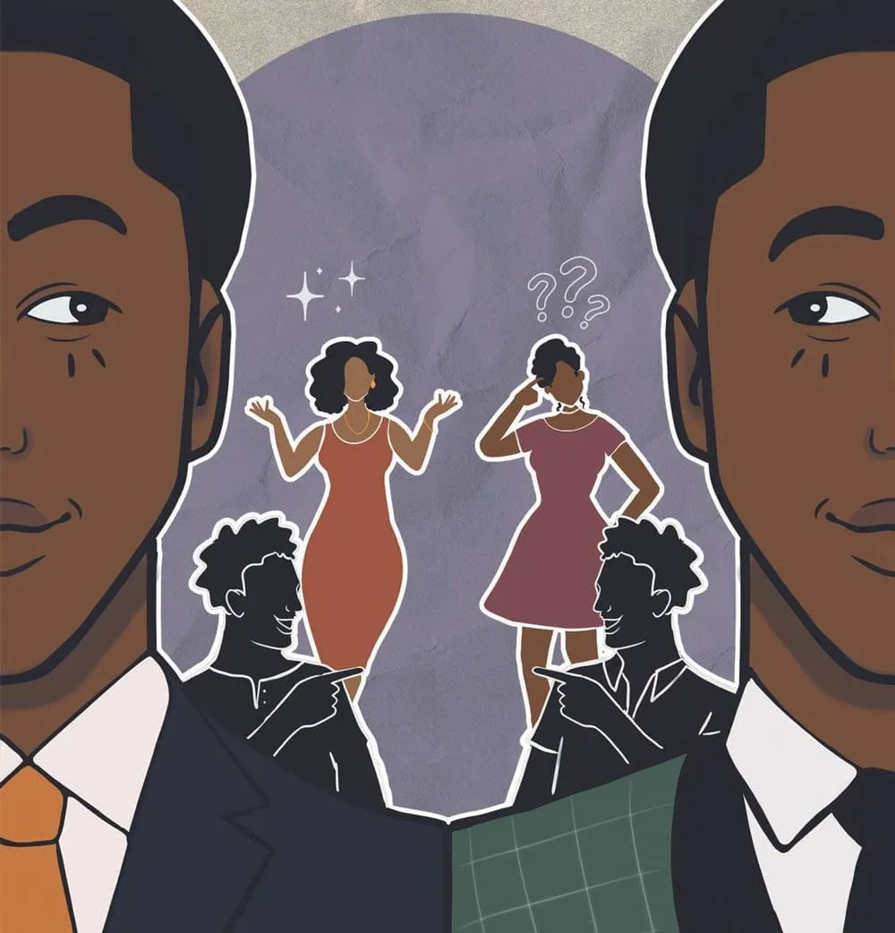 Illustration featuring a man and woman in tailored suits, representing a modern and professional partnership.