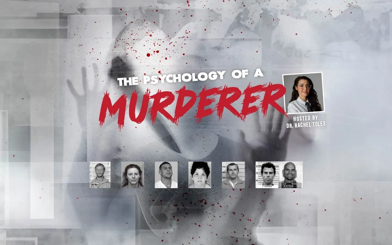 Podcast cover exploring the psychology behind murder, featuring dark imagery and thought-provoking design elements.