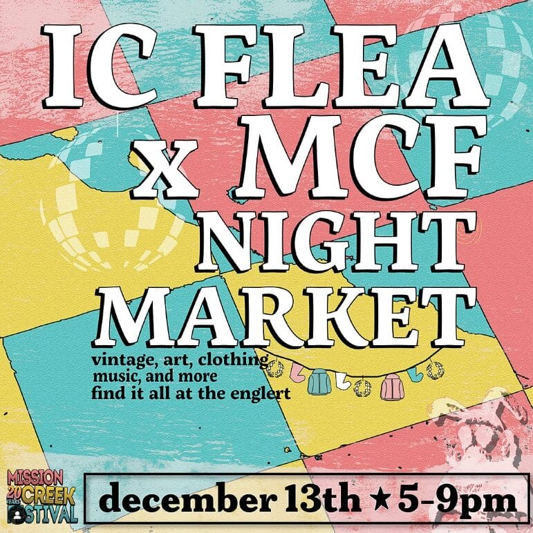 IC Flea x MCF Night Market with vintage clothing, art, music and more.

Poster with clothesline in pink, blue and yellow.