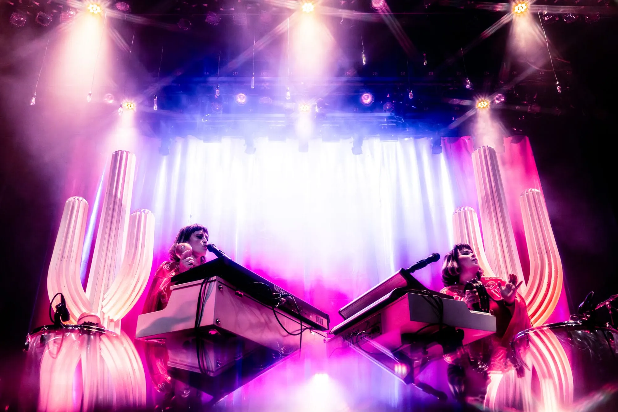 photograph of band Lucius with a blurred effect of two front people playing instruments