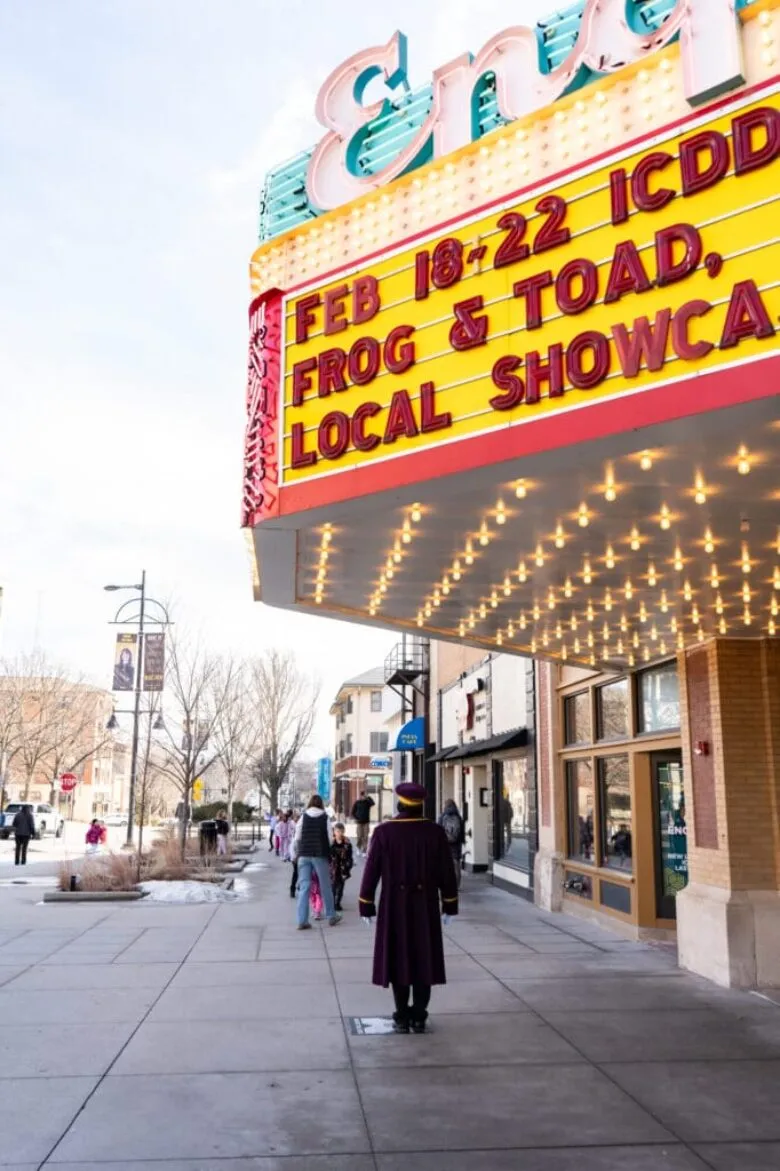 The Englert Theatre marquee with Frog and Toad - free show for the community